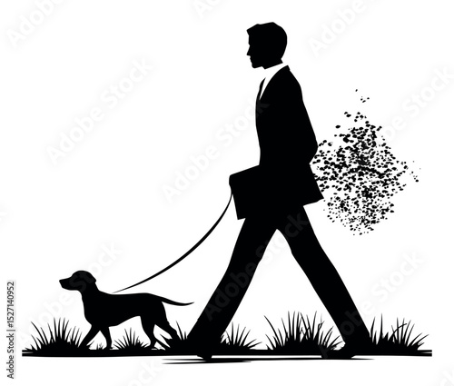 Elegant Silhouette of a Man Walking a Dog in Hand Drawn Art Style