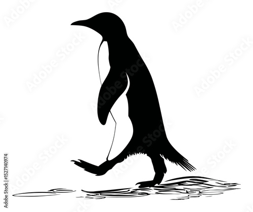 Hand Drawn Silhouette of a Penguin Walking Across a Snowy Landscape