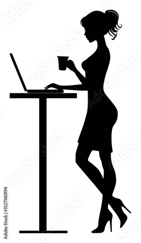 Elegant Silhouette of Woman Working on Laptop while Holding Coffee