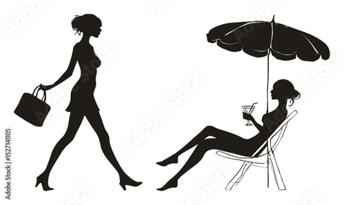 Elegant Silhouettes of Women Enjoying Leisure Time in Hand Drawn Style
