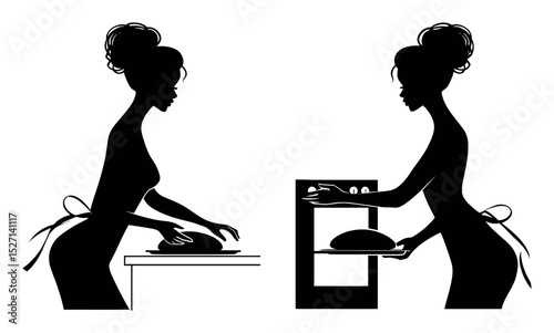 Elegant Silhouette of Woman Preparing and Cooking in Kitchen Setting