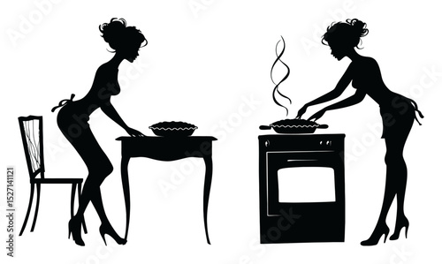 Elegant Silhouettes of Women Cooking in a Stylish Kitchen Setting
