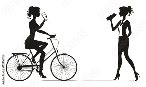 Hand-Drawn Silhouette of Woman on Bicycle and Stylish Standing Figure