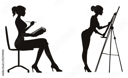 Silhouette of Woman Drawing and Painting Artistic Process on Canvas