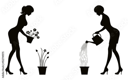 Elegant Silhouette of Woman Engaged in Potting and Watering Plants