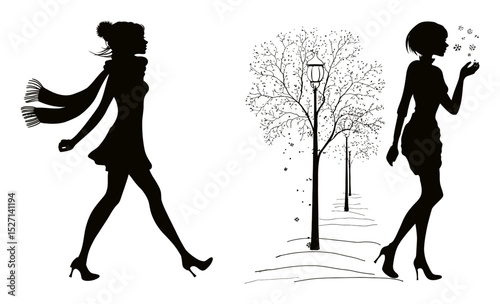 Elegant Hand-Drawn Silhouette of Women in Winter Wonderland Scene