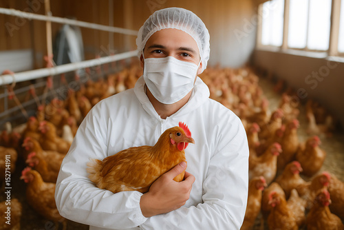 Ensuring production quality and health safety: A worker in biosafety suits checks a chicken at a breeding facility, symbolizing the importance of animal health and preventing outbreaks like avian flu 