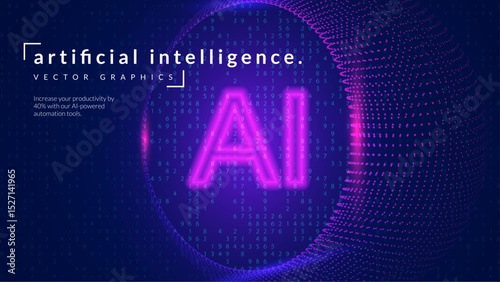 Ai Dots Background. Abstract Tech Bg For Artificial Intelligence And Big Data Concept With Neon Lines, Numbers And Waves. Internet Connect Sphere With Neon Circular Effect. Blue Ai Dots Background.
