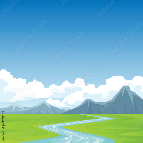 Vector poster of square picture. River flows through the hills. both sides are full of green grass. The empty background is a wide high mountain and a blue sky with white clouds.