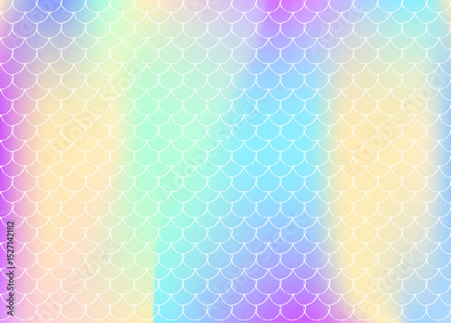 Holographic scale background with gradient mermaid. Bright color transitions. Fish tail banner and invitation. Underwater and sea pattern for girlie party. Iridescent backdrop with holographic scale.