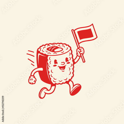 Red Cartoon Sushi Running with Flag Illustration