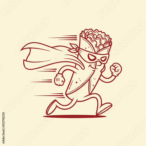 Speedy Burrito Superhero Running in Red Line Art Illustration