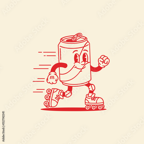 Red Retro Soda Can Character Roller Skating Illustration