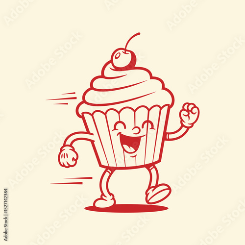 Happy Red Cartoon Cupcake Character Running Joyfully