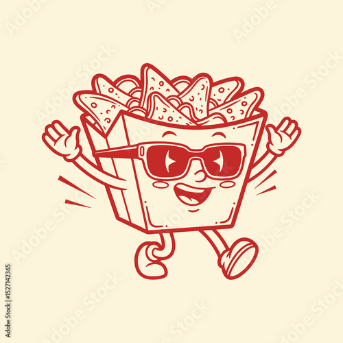 Happy Cartoon Nachos Character Jumping in Red Container with Sunglasses