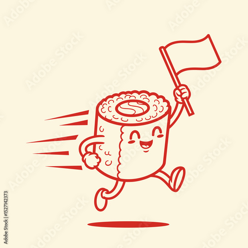 Happy Cartoon Sushi Running with Flag Red Line Art Illustration