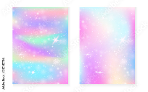 Unicorn background with kawaii magic gradient. Princess rainbow hologram. Holographic fairy set. Colorful fantasy cover. Unicorn background with sparkles and stars for cute girl party invitation.