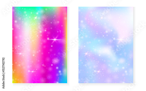 Rainbow background with kawaii princess gradient. Magic unicorn hologram. Holographic fairy set. Colorful fantasy cover. Rainbow background with sparkles and stars for cute girl party invitation.
