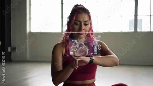Hispanic Young Female Using Smartwatch with Graphic Interface in Gym                               