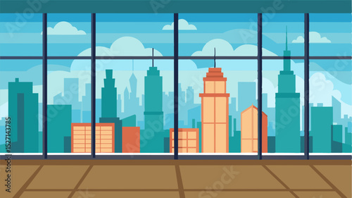 Floortoceiling windows offer sweeping views of the surrounding city providing a serene backdrop for creating and collaborating.. Vector illustration