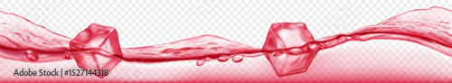 Three translucent ice cubes floating in water with waves, isolated on transparent background. Horizontal banner in red colors. Transparency only in vector format.