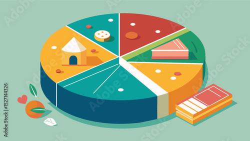 A pie chart illustrating the allocation of household income on food expenses with a larger slice representing the increasing portion spent on food in recent years.. Vector illustration