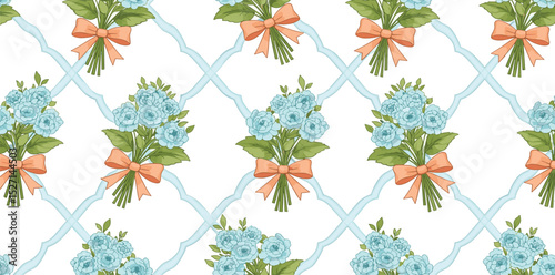 Coquette grandmillennial seamless pattern with gentle flowers and bow, ribbon. Soft blue cottagecore trellis print. Vector floral wallpaper, retro repeat background, textile design, vintage paper