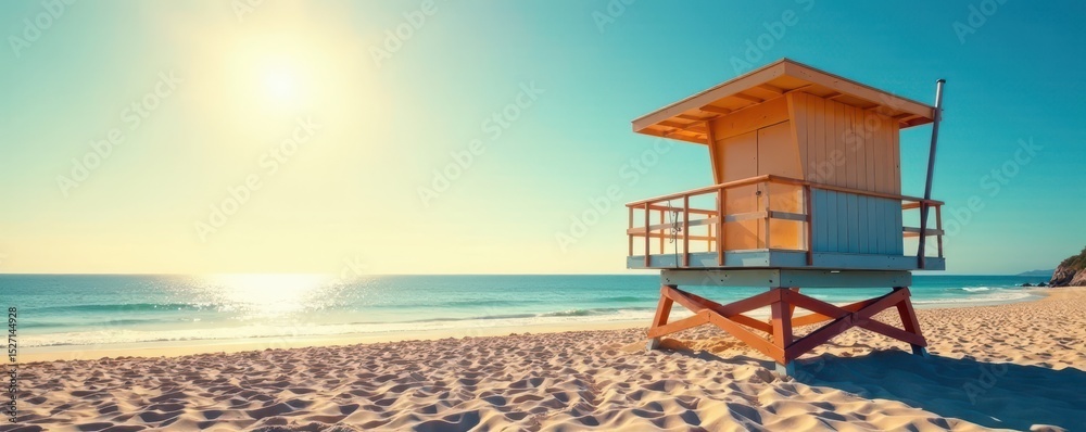 Fototapeta premium Elevated lifeguard stand overlooking sun-kissed beach, twilight, day, peaceful