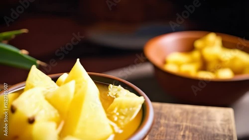 Fresh yellow pineapple chunks with juice in ceramic bowls arranged on a dark brown rustic wooden surface
