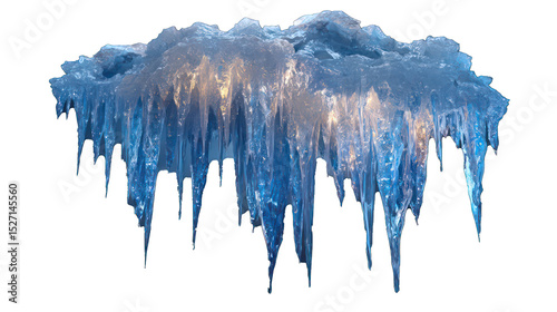 Icicle cluster isolated on transparent background, cool blue winter light, sharp clear ice texture