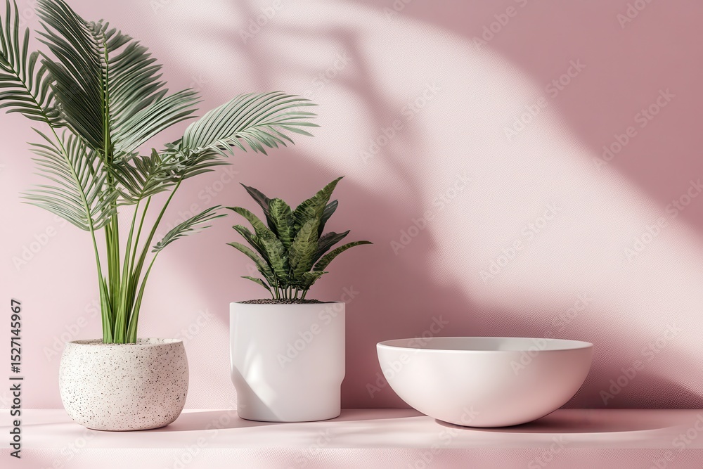 Fototapeta premium Still life of potted plants and a white bowl against a pink wall with soft shadows creating a serene scene
