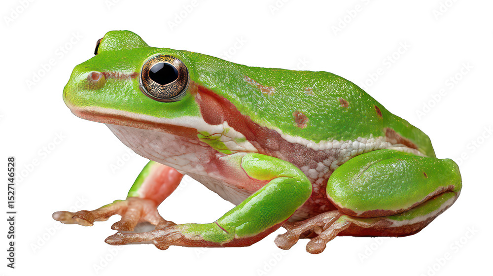Fototapeta premium Spring frog isolated on transparent background, fresh morning light, vivid green skin with smooth details