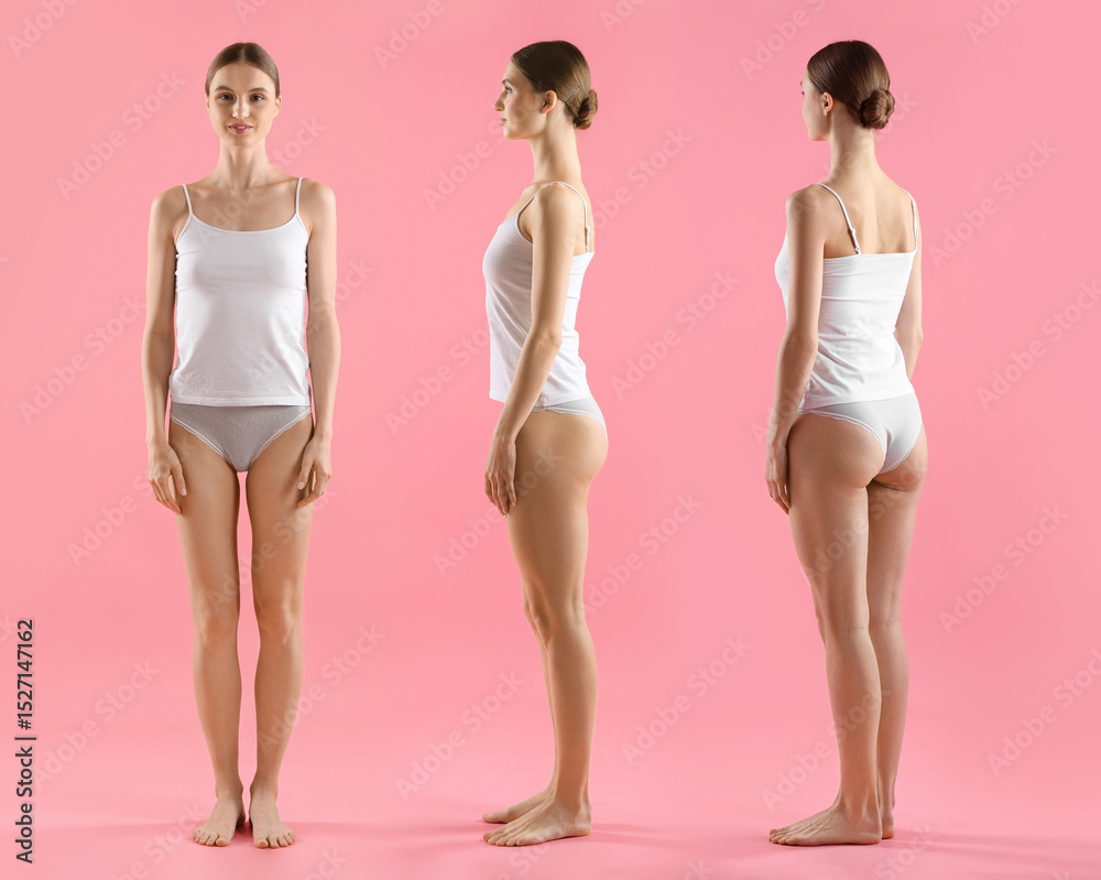 Young woman in underwear on pink background, collage. View from different sides Young woman in underwear on pink background, collage. View from different sides