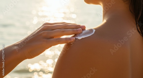 Applying Sunscreen on Shoulder at the Beach