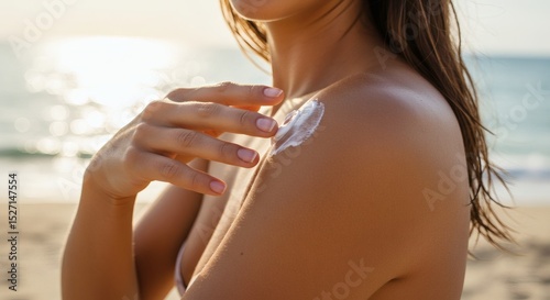 Applying Sunscreen on Shoulder at the Beach
