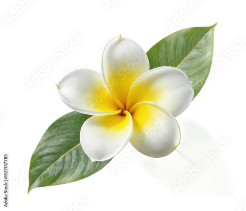 A beautiful white and yellow frangipani flower with green leaves, radiating tranquility.