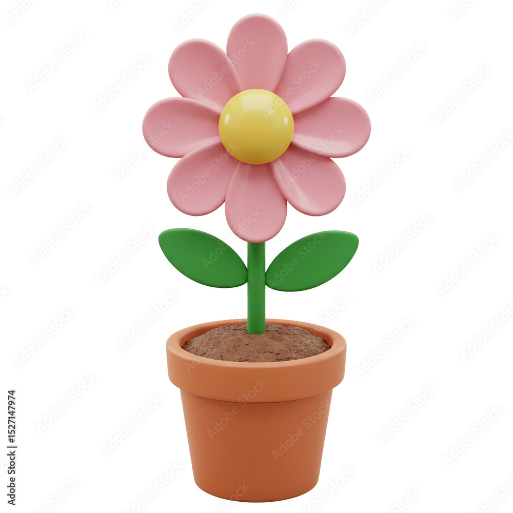 Naklejka premium 3D Flower Pink Icon Pot Transparent Background Rendering