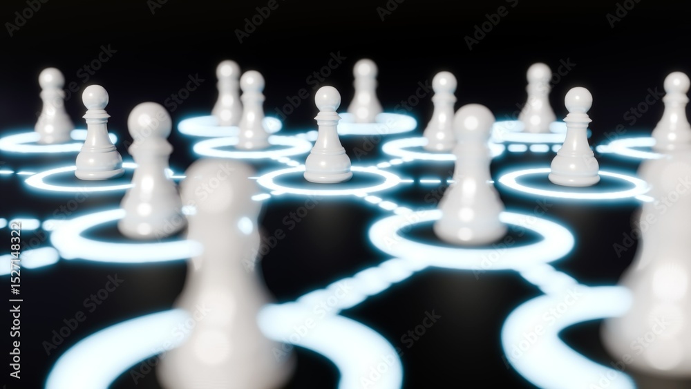 Obraz premium A 3d rendering of luminous web of glowing lines emanating from each blue-white circled the white pawn, emphasizing themes of strategic connection and interdependence.