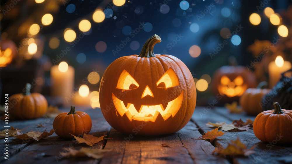 Fototapeta premium A glowing jack-o'-lantern with a mischievous carved face sits prominently on a rustic wooden table, casting warm, flickering light. Halloween, Halloween Costumes, Halloween Background, Happy Halloween