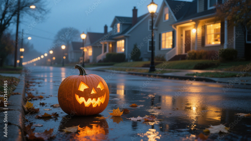 Fototapeta premium A glowing jack-o'-lantern with a mischievous, carved face sits on a wet, reflective suburban street at dusk. Halloween, Halloween Costumes, Halloween Background, Happy Halloween