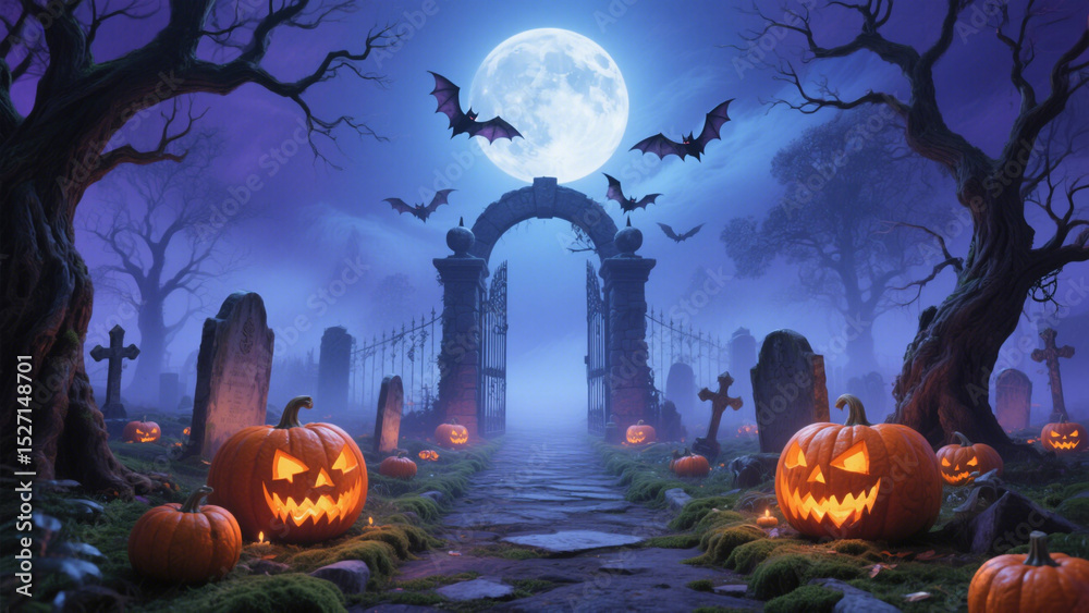Fototapeta premium A grand, arched gate made of stone stands at the entrance, leading down a path lined with glowing jack-o'-lanterns and scattered pumpkins. Halloween, Halloween Costumes, Halloween Background
