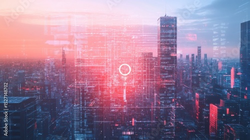 Wallpaper Mural Futuristic cityscape with digital overlay and pink and orange sky at dusk with tall buildings Torontodigital.ca