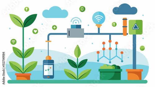 A smart irrigation system utilizing soil health sensors to determine the exact amount of water needed for each plant.. Vector illustration