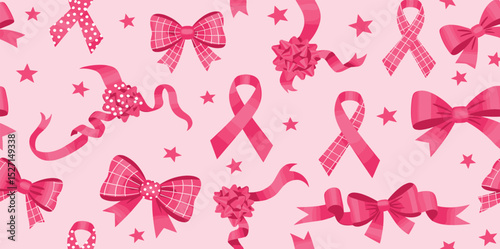 Pink coquette bows and ribbons seamless pattern. Vector preppy wallpaper with bow knots, stars, polka dots. Romantic repeat background for Valentines day, girls birthday, cute print, textile