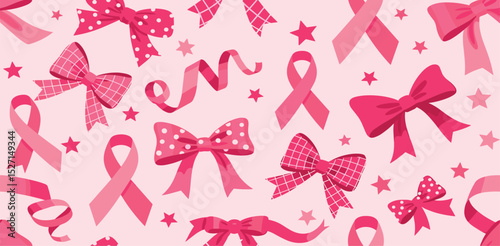 Pink coquette bows and ribbons seamless pattern. Vector preppy wallpaper with bow knots, stars, polka dots. Romantic repeat background for Valentines day, girls birthday, cute print, textile