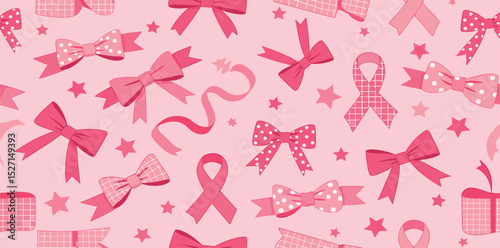 Pink coquette bows and ribbons seamless pattern. Vector preppy wallpaper with bow knots, stars, polka dots. Romantic repeat background for Valentines day, girls birthday, cute print, textile
