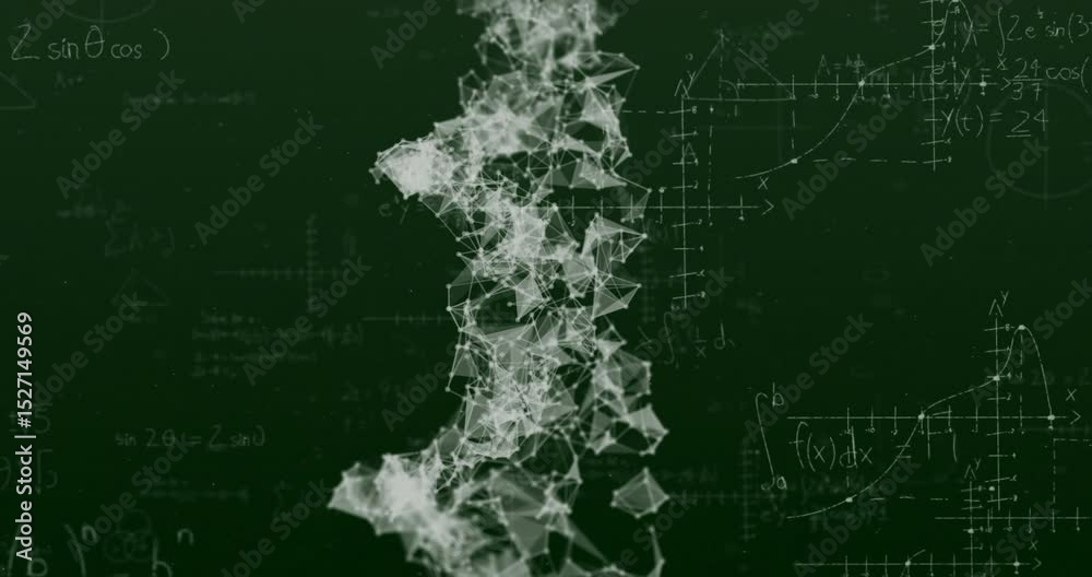 Visualizing math mesh emerging from bottom nodes pulsing up, growing against fading chalk formulas