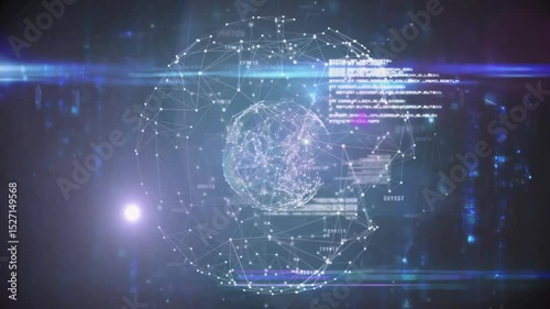Faint digital wireframe globe appearing forming data network with nodes connecting and text gliding
