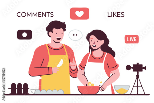 A man and woman cook together in a stylized kitchen, engaging with a live streaming setup and social media icons indicating comments and likes.
