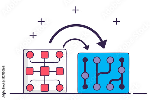 A stylized digital illustration showcasing two connected blocks, one red with square nodes and one blue with circular nodes, representing data transfer or system integration.